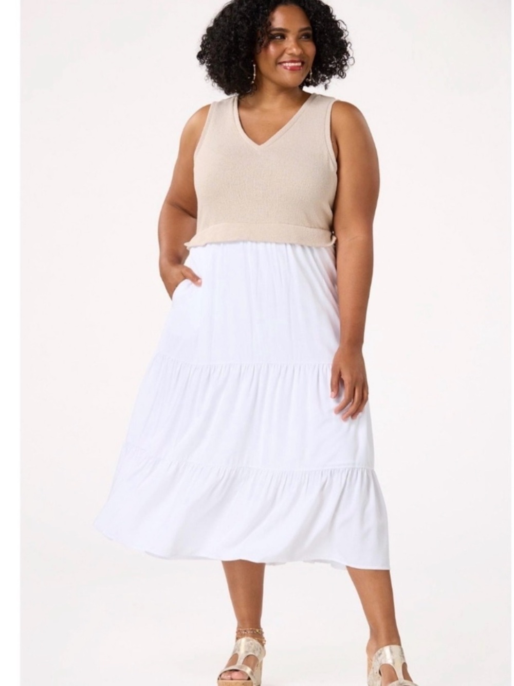 Cato Cream Knit Crop Top with White Tiered Midi Skirt